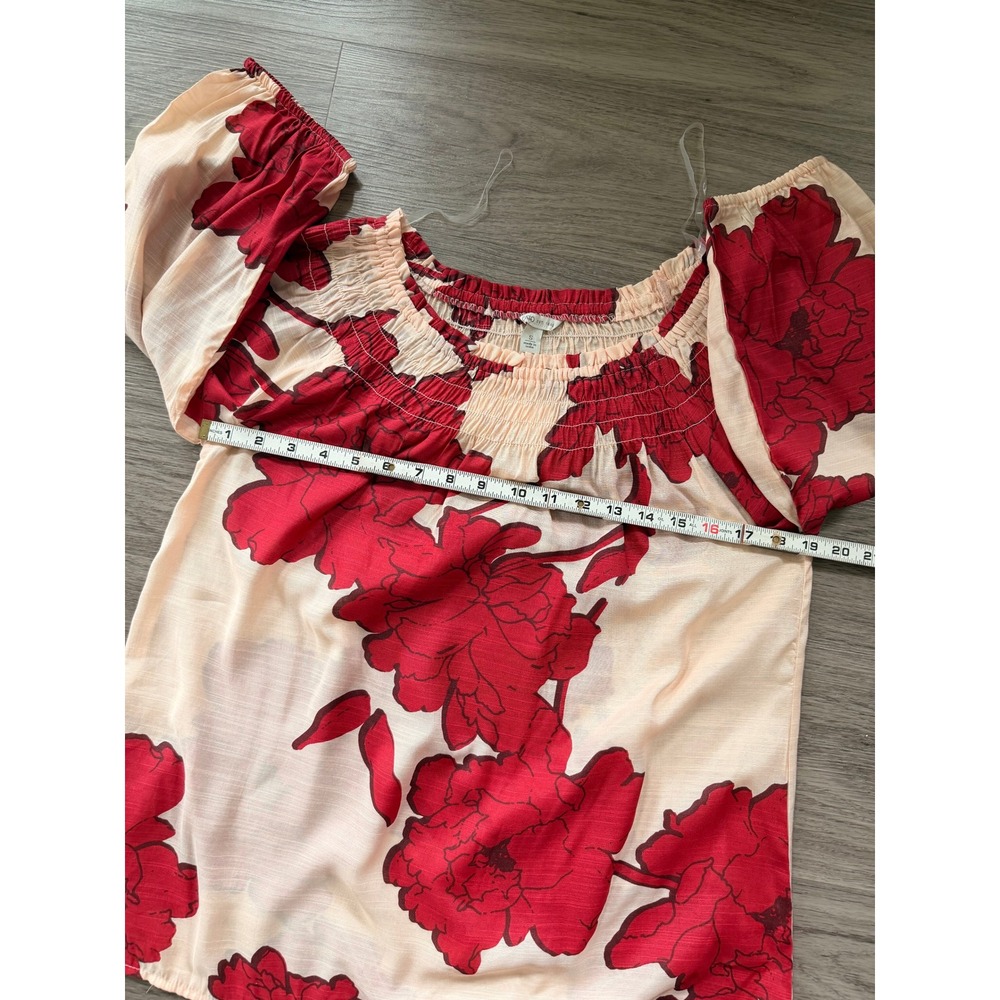 Cato Red Floral Cream Off The Shoulder 3/4 Sleeve Peasant Top Sm Boho Feminine - Picture 8 of 10